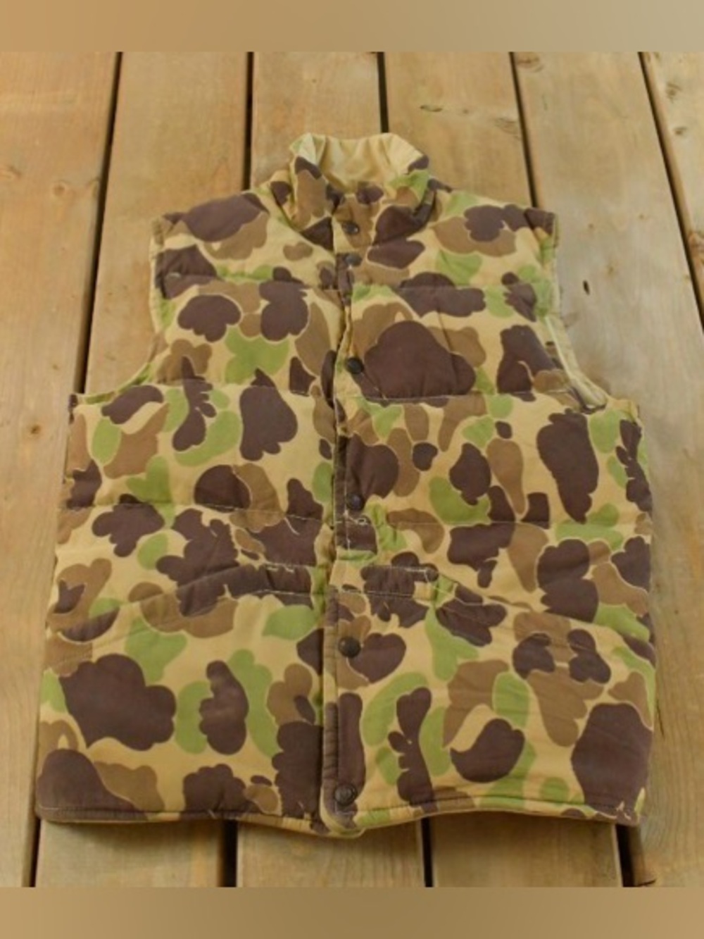 Vtg 80s  Duck Camo Goose Down Reversible Puffer Vest Made in USA Hunting Puffy